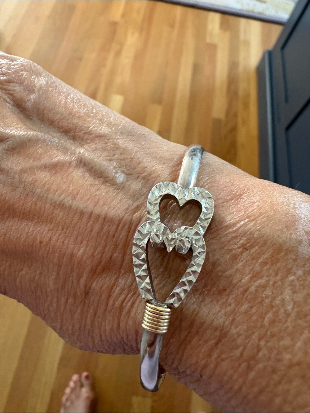 Sterling Silver Double Heart Cuff Bracelet with 14k wrap. Size 7